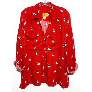 Ruby Rose Red Christmas Santa Pug Dog Button Down Blouse Shirt Top Women L Rayon